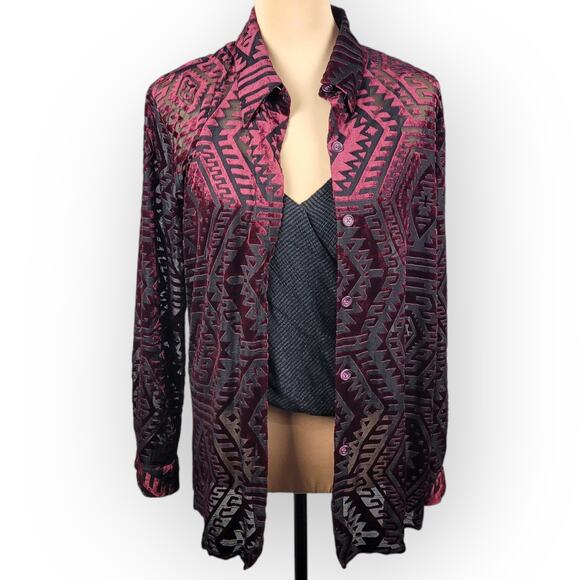 Velvet Burnout Top Vintage Medium Burgundy Aztec Whimsigoth Holiday Fairy Grunge - Picture 1 of 8